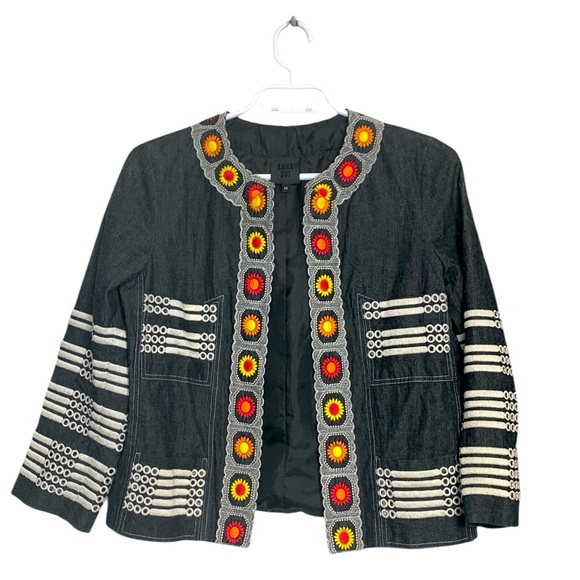 Anna Sui Black Denim Jacket, Fully Lined, Pockets,  Embroidery that Pops - Picture 5 of 15